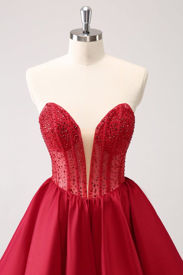 Leuke Rode A Line Strapless Ruffle Short Homecoming Jurk met Kralen Zu verkaufen – Bild 4