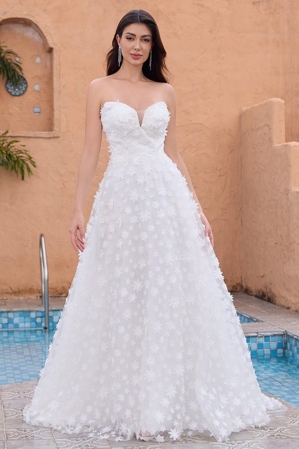 A Line Sweetheart Applique Lace White Trouwjurk met Afneembare Mouwen Schn?ppchen – Bild 4
