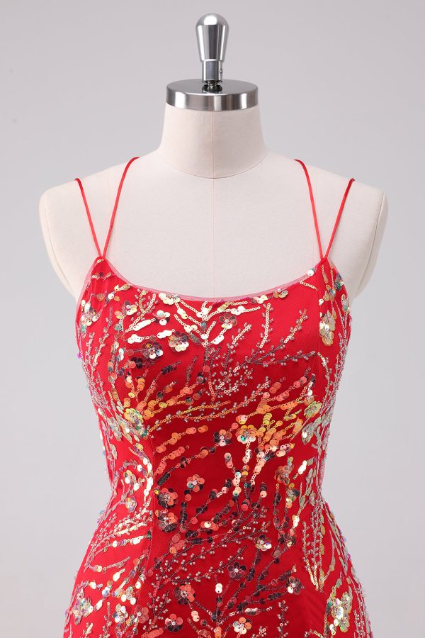 Glitter Rode Spaghetti Bandjes Pailletten Bodycon Korte Homecoming Jurk Schn?ppchen – Bild 4