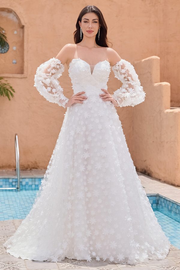 A Line Sweetheart Applique Lace White Trouwjurk met Afneembare Mouwen Schn?ppchen
