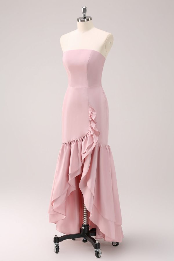 Roze strapless asymmetrische gegolfde bruidsmeisjesjurk Online – Bild 2