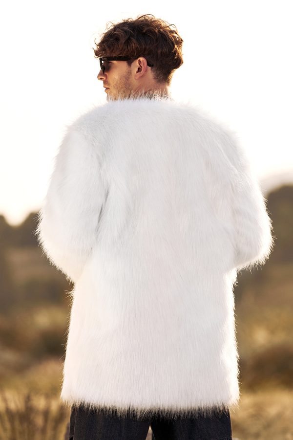 Witte pluizige imitatiebont lange mouwen heren vest jas Online – Bild 2
