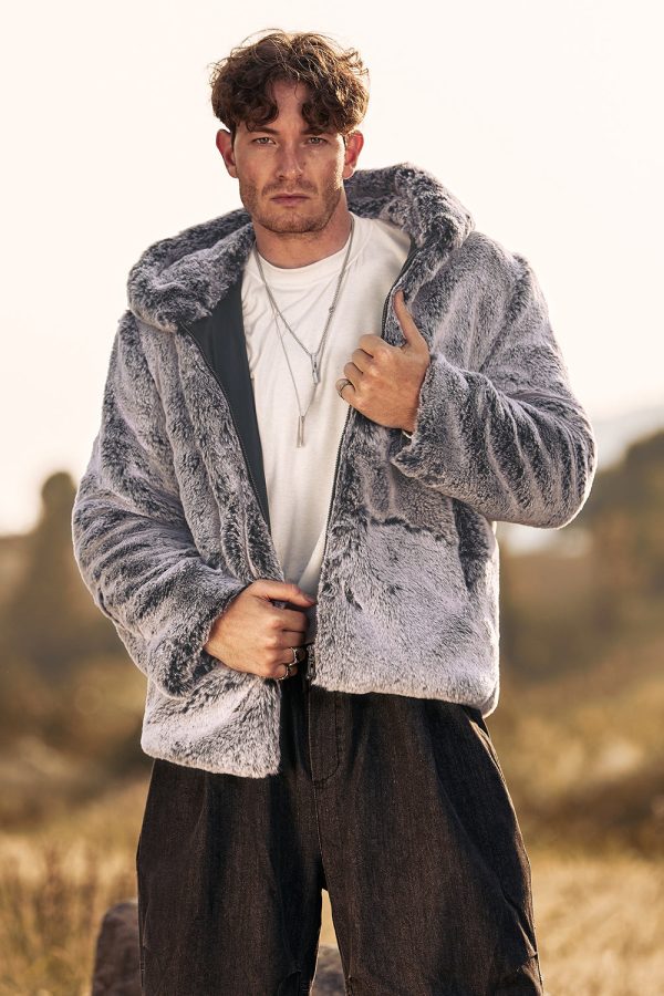 Grijze Midi Shearling heren winterjas met capuchon Jetzt online
