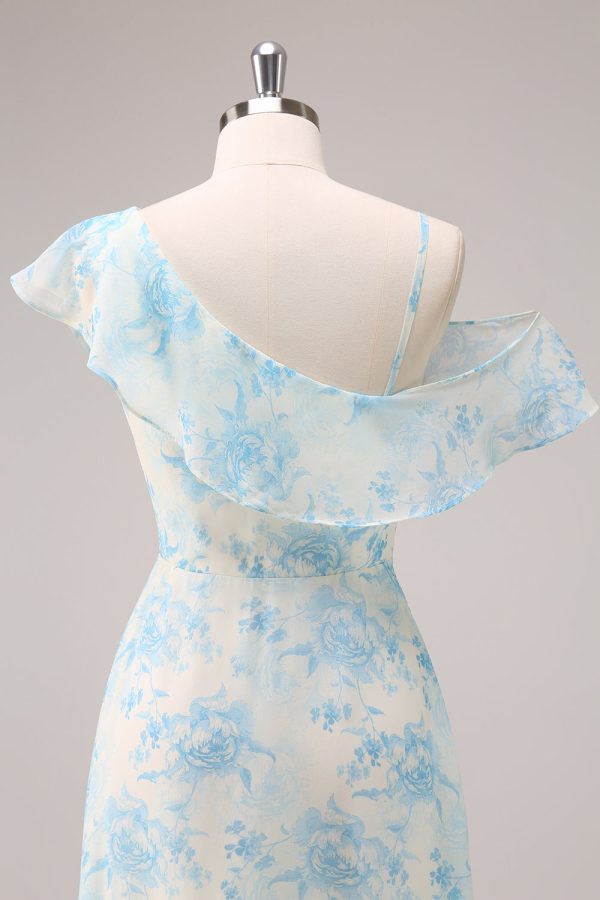 Stijlvolle A-lijn wit blauwe bloem chiffon bruidsmeisjesjurk met split Mode – Bild 5