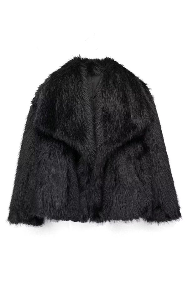 Pluizige zwarte revers faux fur winterjas Online