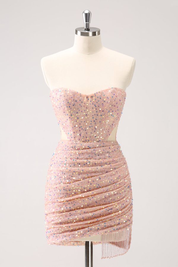 Blush Bodycon Strapless Holle Out pailletten Ruched Homecoming Dress met kwast Online