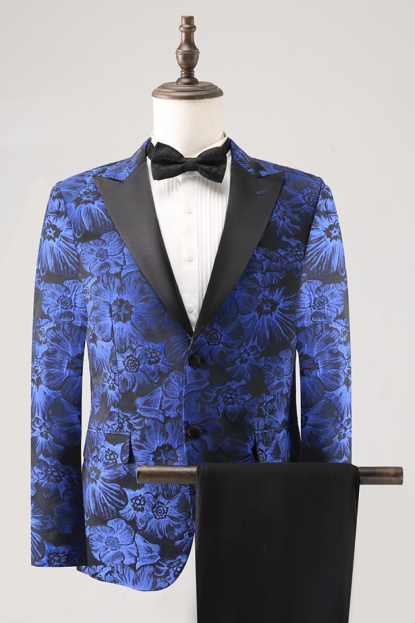 Koningsblauwe Jacquard Peak Lapel 2-delige galapakken voor heren Zu verkaufen
