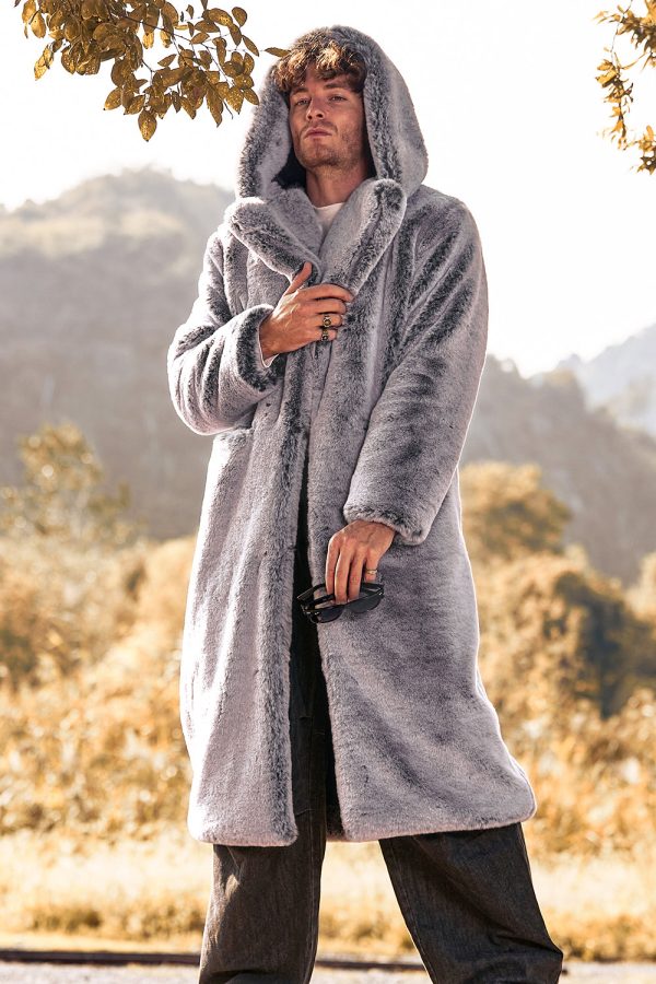 Grijze capuchon lange mouwen faux fur winter herenjas Online – Bild 5