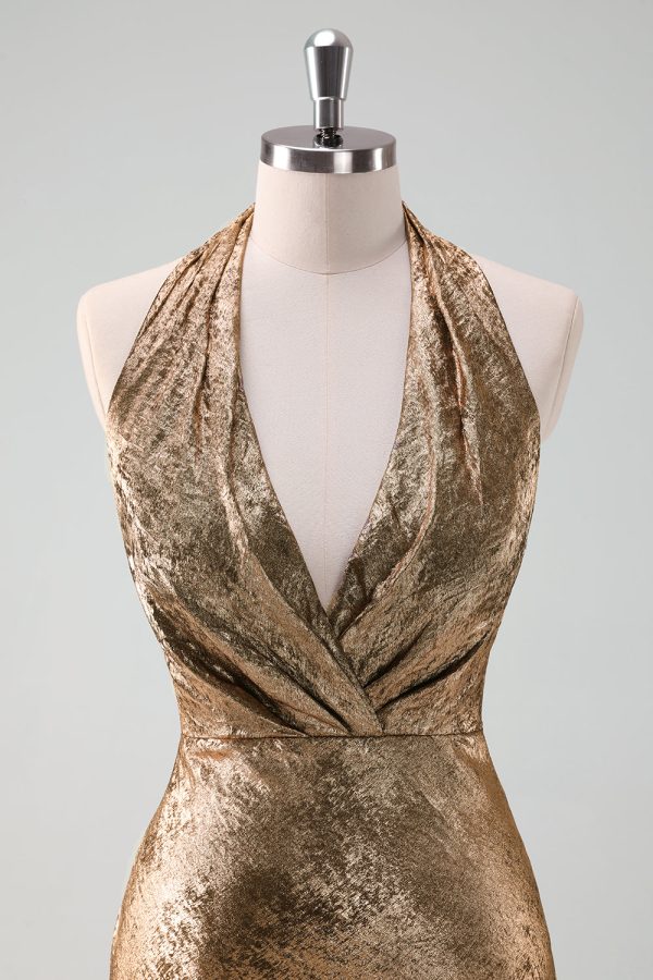 Gouden Halter Nek Zeemeermin Midi Bruiloft Gast Jurk Online-Schn?ppchen – Bild 4