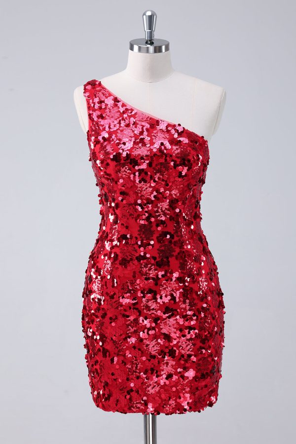 Sprankelende rode One Shoulder Tight Short Homecoming jurk met pailletten Mode