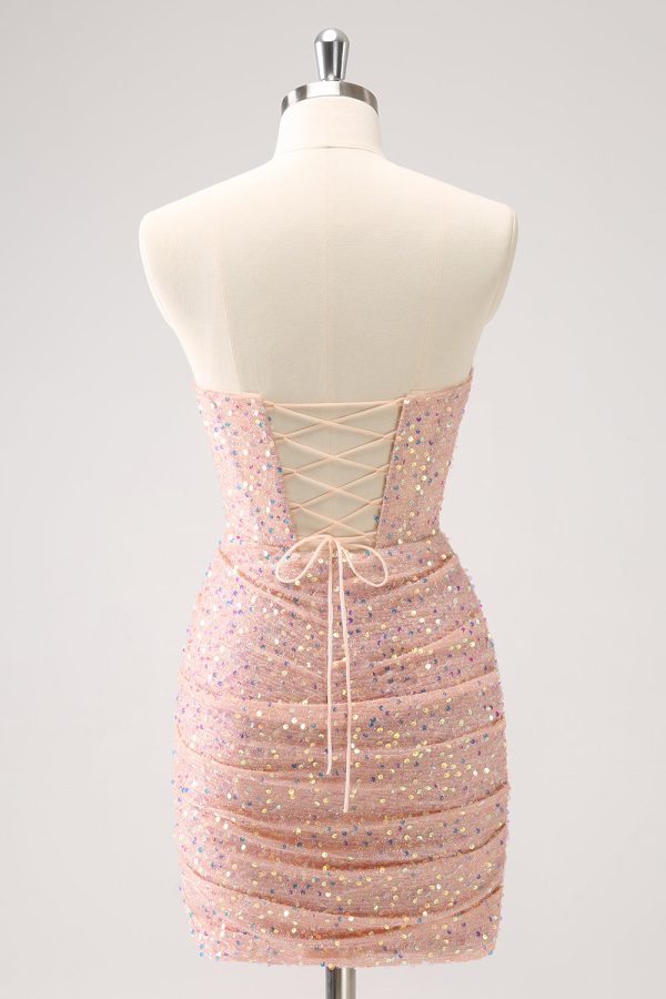 Blush Bodycon Strapless Holle Out pailletten Ruched Homecoming Dress met kwast Online – Bild 2