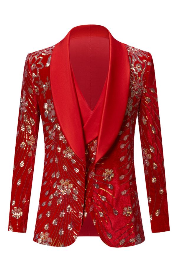 Sparkly rode sjaal revers 2-delige pailletten heren blazer en vest Rabatt