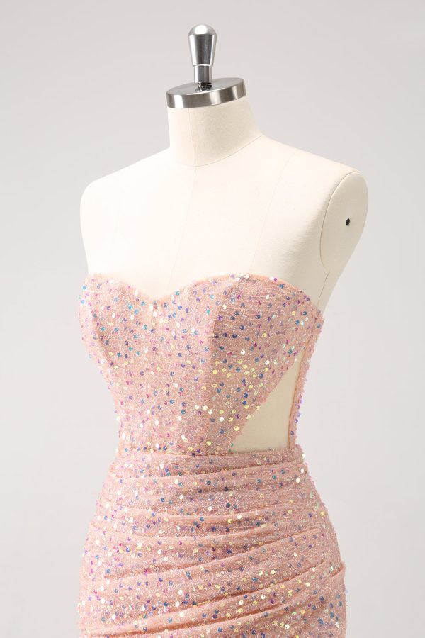 Blush Bodycon Strapless Holle Out pailletten Ruched Homecoming Dress met kwast Online – Bild 5