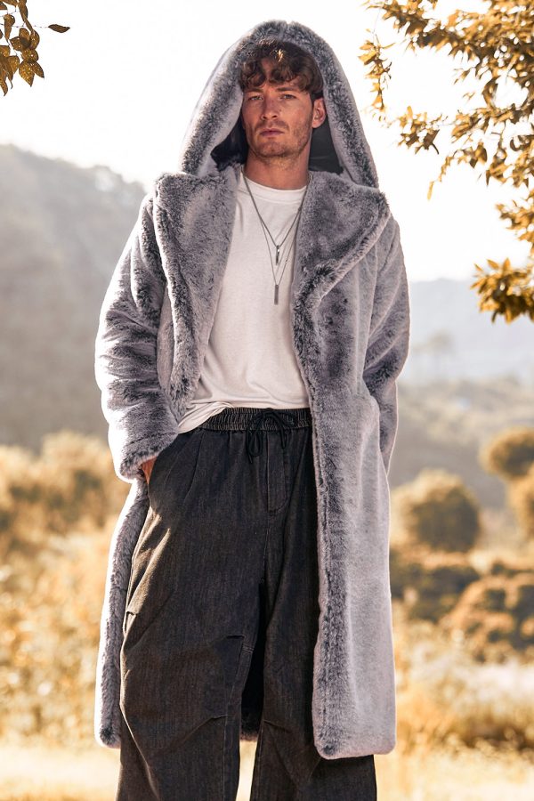 Grijze capuchon lange mouwen faux fur winter herenjas Online – Bild 3