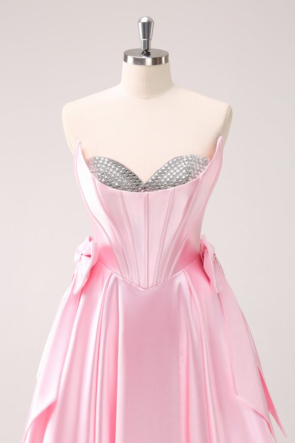 Roze A Line Strapless Korset Kralen Homecoming Jurk met strikken Jetzt online – Bild 4