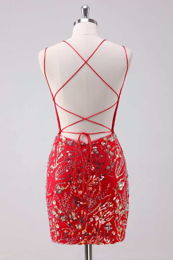 Glitter Rode Spaghetti Bandjes Pailletten Bodycon Korte Homecoming Jurk Schn?ppchen – Bild 2