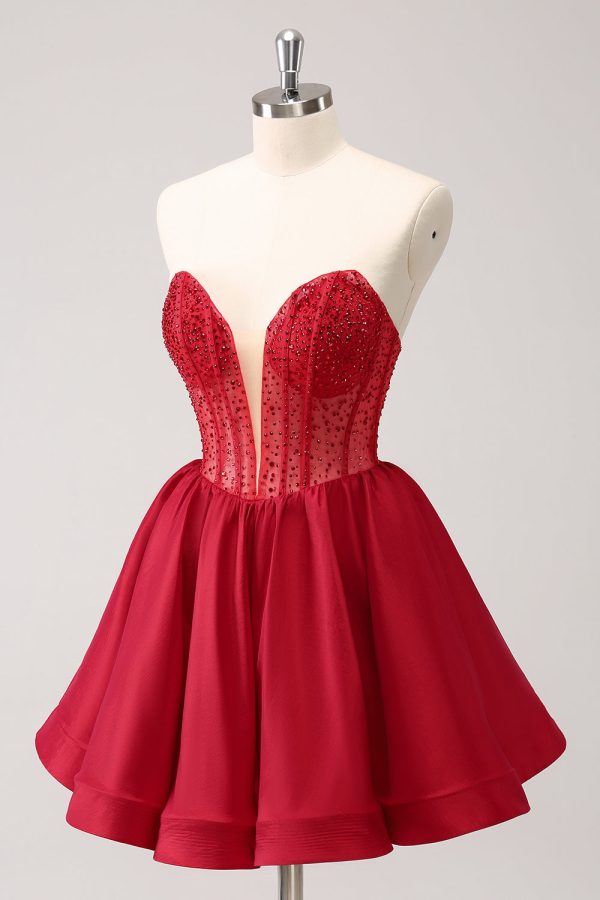Leuke Rode A Line Strapless Ruffle Short Homecoming Jurk met Kralen Zu verkaufen – Bild 3