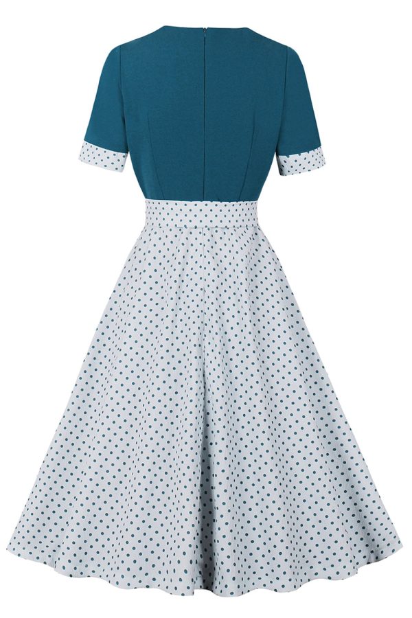 Blauw Wit Polka Dots Square Neck Vintage jaren 1950 Jurk Mode – Bild 2