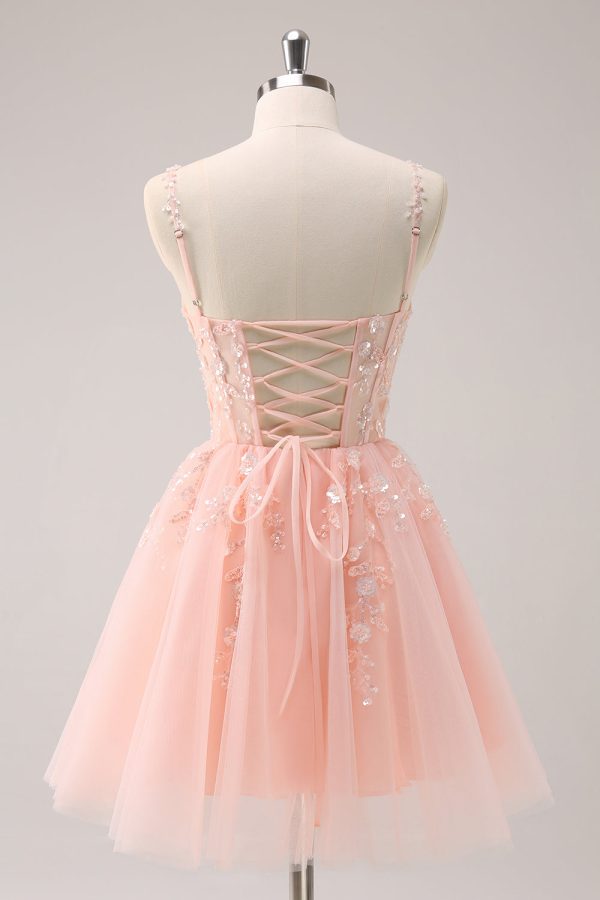 Een lijn Blush Spaghetti bandjes Tule korset pailletten Homecoming jurk met appliques Online – Bild 2