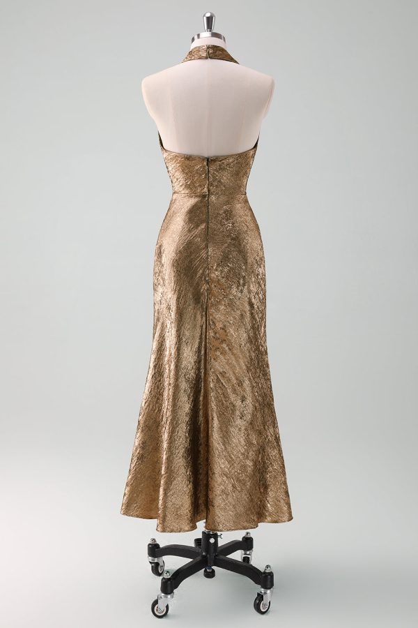Gouden Halter Nek Zeemeermin Midi Bruiloft Gast Jurk Online-Schn?ppchen – Bild 2