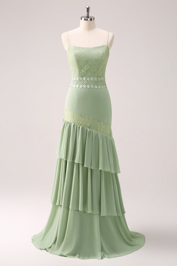Groene Bloemen Ruffled Chiffon Bruidsmeisje Jurk met Kant Im Angebot