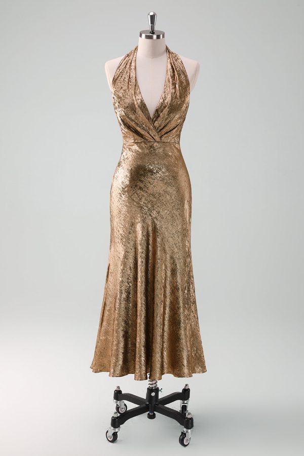 Gouden Halter Nek Zeemeermin Midi Bruiloft Gast Jurk Online-Schn?ppchen