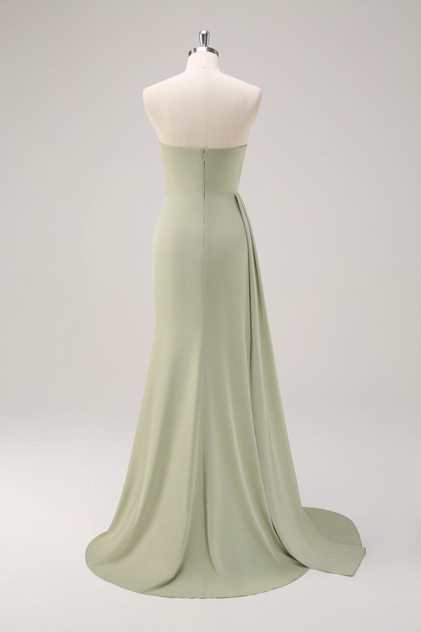 Sage Strapless Zeemeermin Satijn Lange Bruidsmeisje Jurk met Split Rabatt – Bild 2