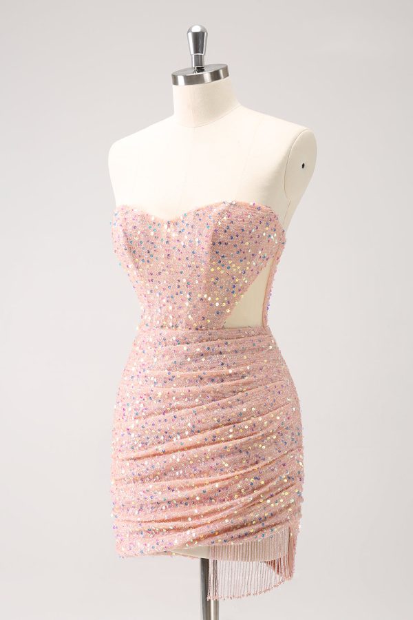 Blush Bodycon Strapless Holle Out pailletten Ruched Homecoming Dress met kwast Online – Bild 3