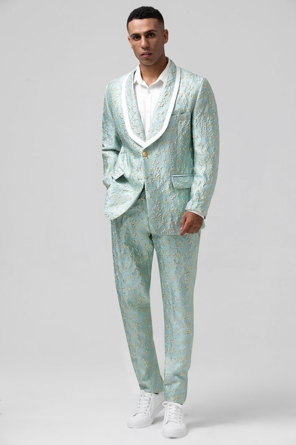 Mint Jacquard Sjaal Revers 2-delig Een Knoop Heren Pakken Mode – Bild 3