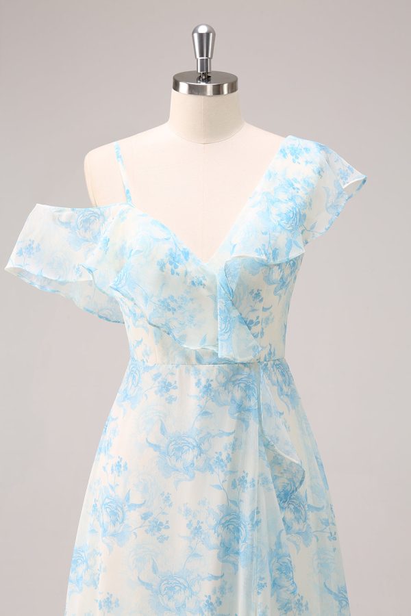 Stijlvolle A-lijn wit blauwe bloem chiffon bruidsmeisjesjurk met split Mode – Bild 4