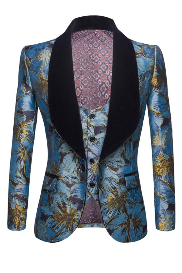 Grijs Blauwe Sjaal Revers Borduurwerk Heren Blazer en Vest Set Rabatt