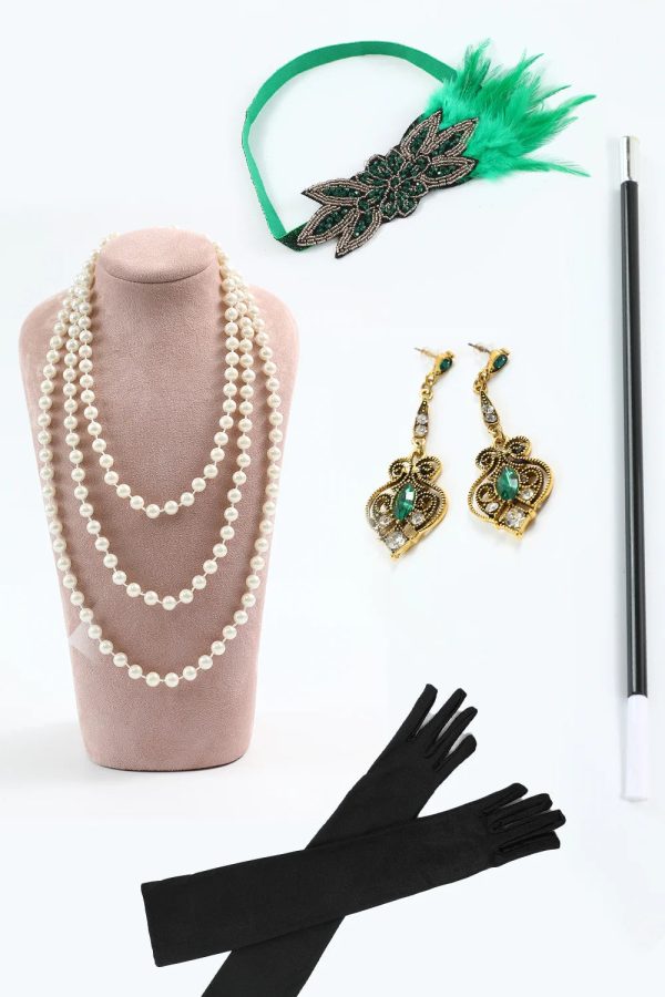 Groene gouden pailletten Fringe lange jaren 1920 Flapper jurk met accessoires Set Angebot – Bild 5