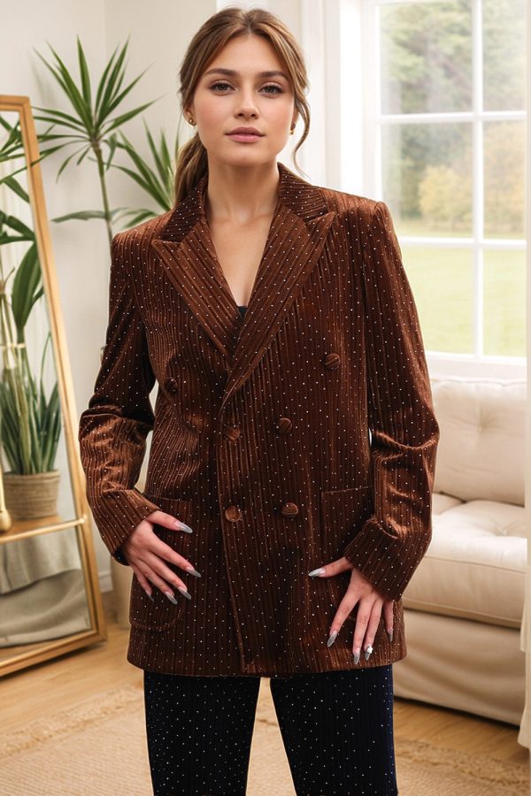 Coffee Dots Fluwelen Peak Revers Blazer met dubbele rij knopen Im Angebot – Bild 4