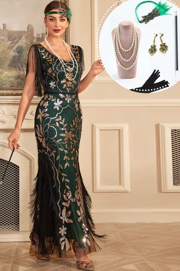 Groene gouden pailletten Fringe lange jaren 1920 Flapper jurk met accessoires Set Angebot