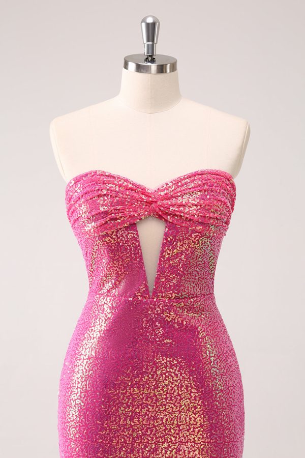 Fuchsia Hollow Out Strapless pailletten Strakke Homecoming Jurk met Split Schn?ppchen – Bild 4