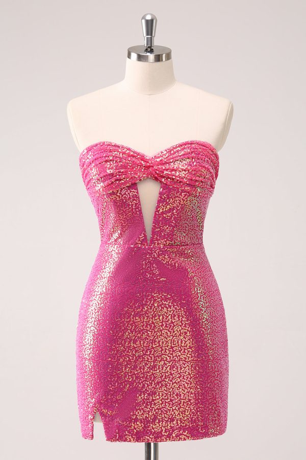 Fuchsia Hollow Out Strapless pailletten Strakke Homecoming Jurk met Split Schn?ppchen