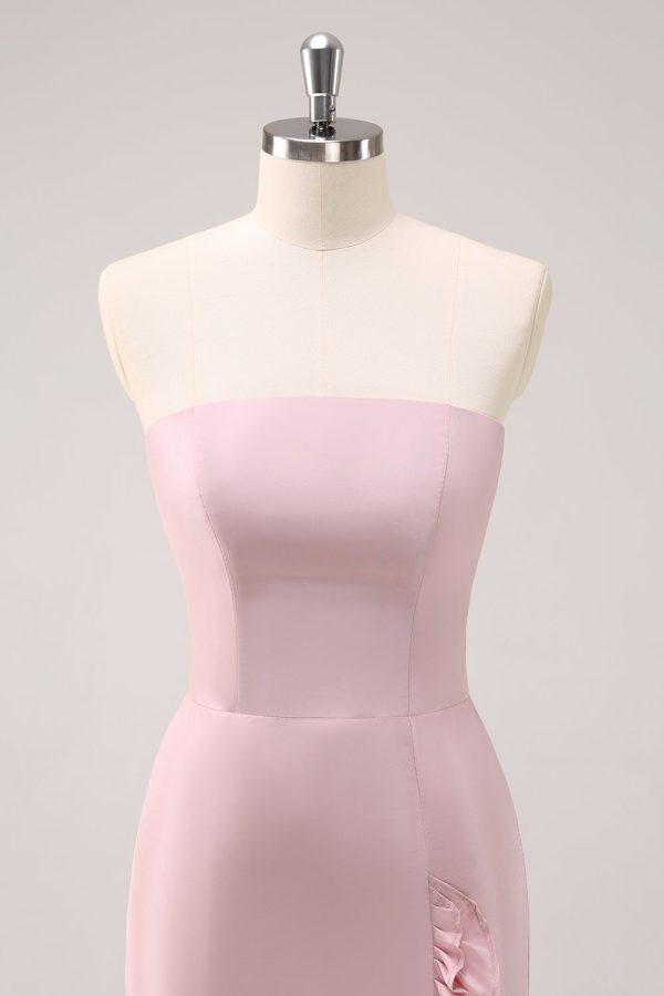 Roze strapless asymmetrische gegolfde bruidsmeisjesjurk Online – Bild 4