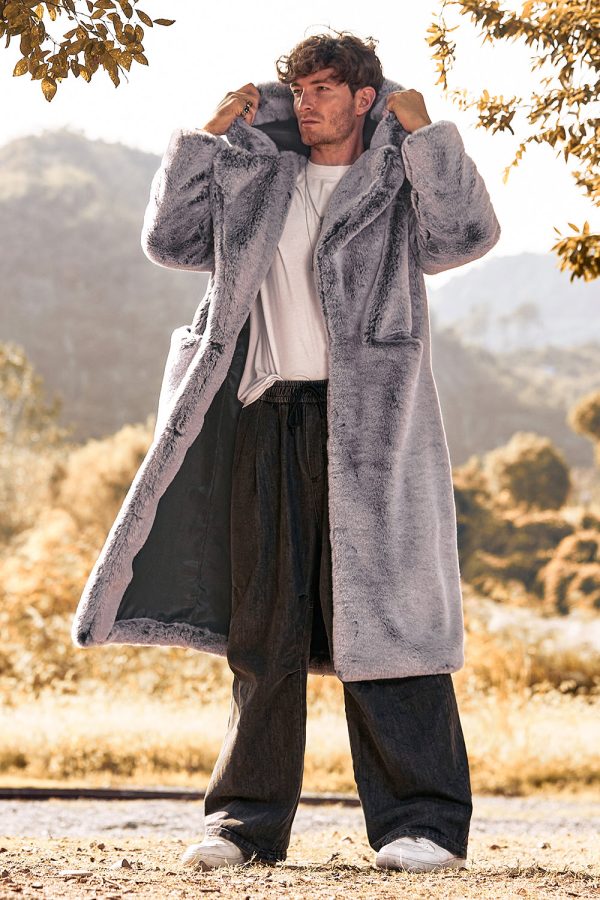 Grijze capuchon lange mouwen faux fur winter herenjas Online
