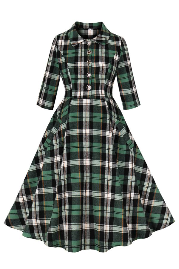 Groene geruite gegolfde jaren 1950 Swing jurk Online-Verkauf