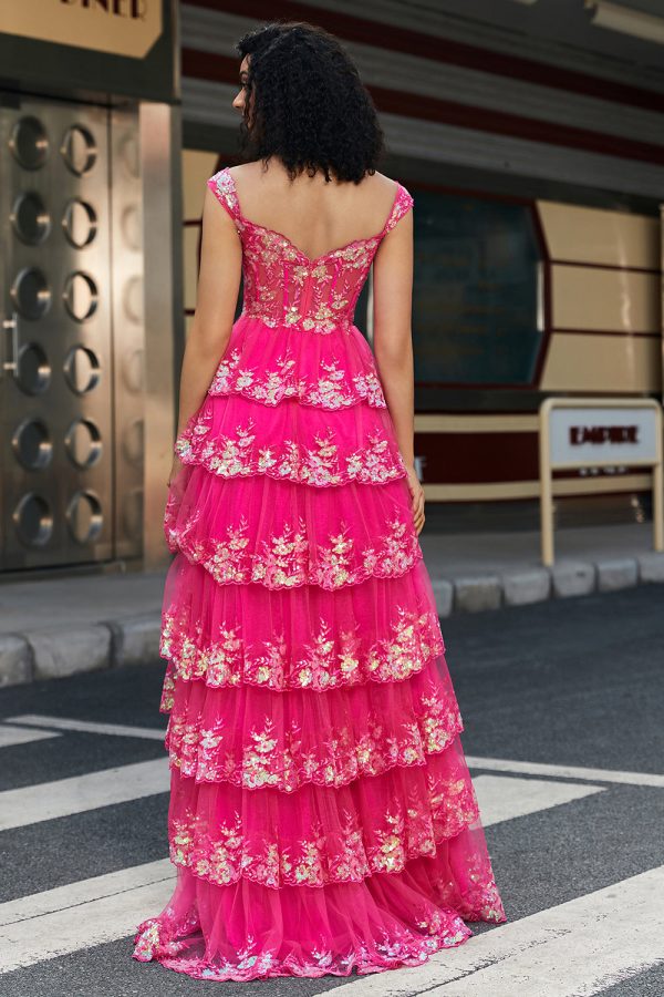 Trendy A Line Off the Shoulder Fuchsia Korset Galajurk met Split Front Rabatt – Bild 2