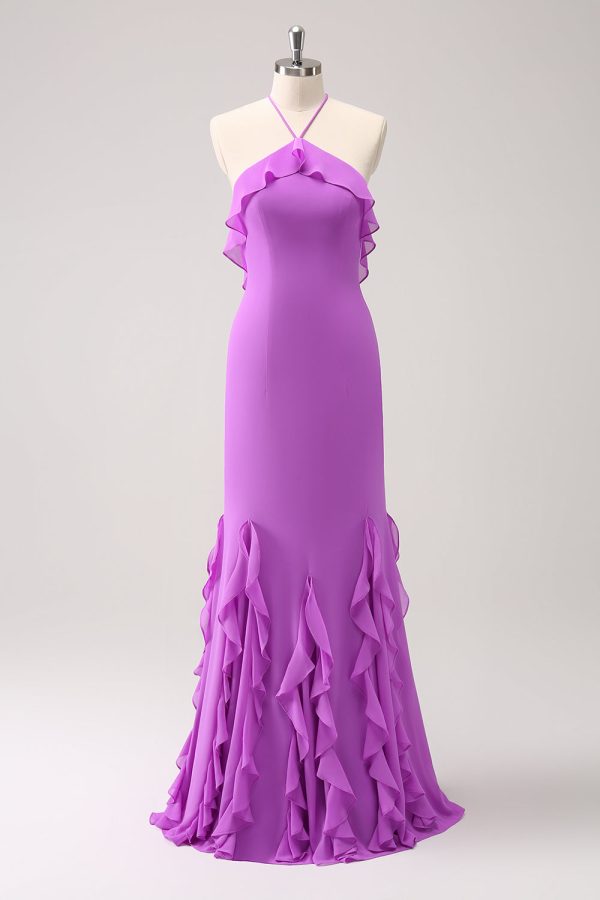 Tahiti zeemeermin halter ruches chiffon lange bruidsmeisje jurk Mode