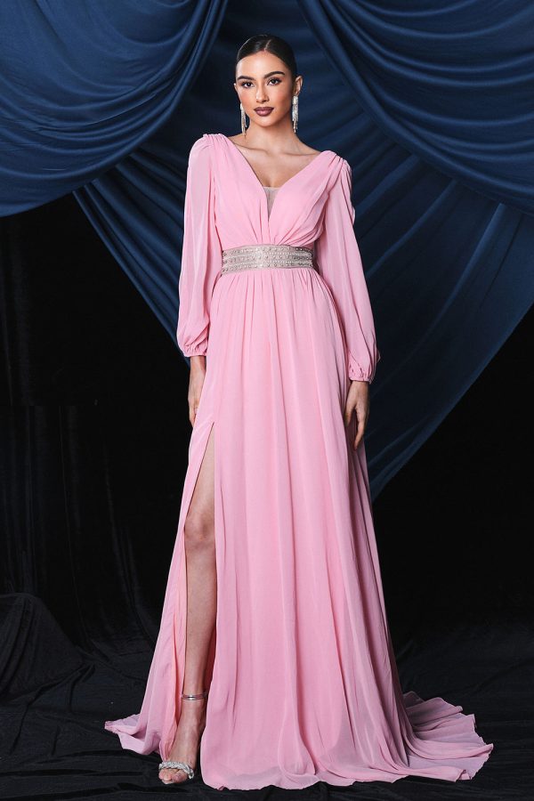 Roze chiffon galajurk met lange mouwen en split Verkauf