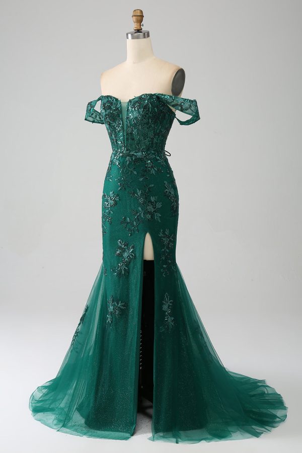 Zeemeermin Off The Shoulder donkergroene galajurk met appliques Mode – Bild 3