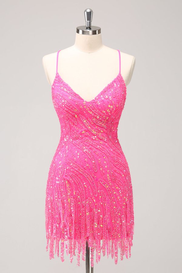 Sprankelende Hot Pink Strakke Pailletten V-hals Homecoming Jurk met Franjes Rabatt