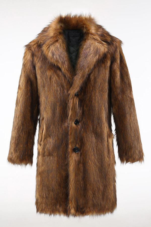 Bruine revers met inkeping Lange heren shearling jas met knopen Online-Verkauf