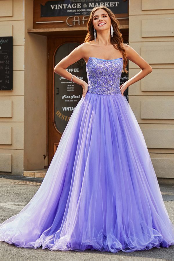 Prachtige A Line Strapless Lila Lange Galajurk met Kralen Angebot – Bild 3