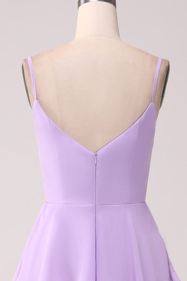 A Line Spaghetti Bandjes Gelaagde Chiffon Lila Bruidsmeisje Jurk met Split Angebot – Bild 5