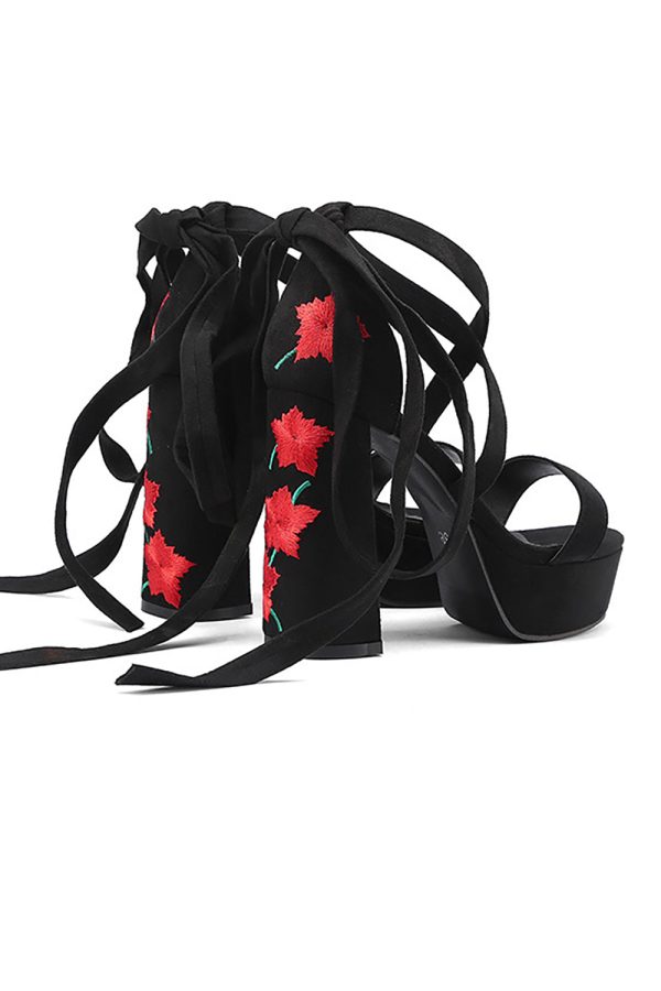 Dames Zwarte Geborduurde Bandppy Chunky Hak Open Teen Sandalen Schoenen Rabatt – Bild 4