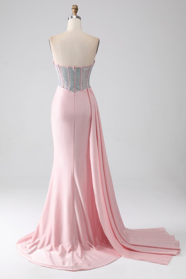 Roze zeemeermin strapless kralen geplooide lange galajurk met hoge split Online-Verkauf – Bild 2