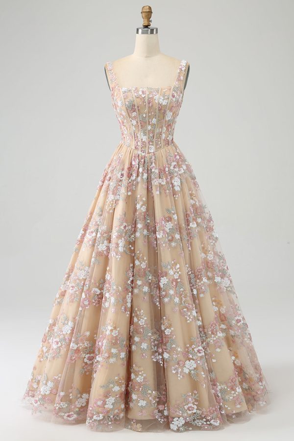 Luxe A Line Champagne Corset Prom Dress met appliques Online-Schn?ppchen